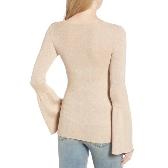 HINGE Rose Gold Metallic Bell Sleeve Tight Knit Pullover Sweater Top sz M - Picture 2 of 8